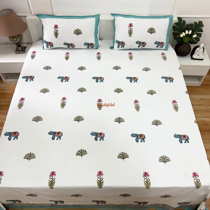 Ramya Hand Block Soft Cotton Bedsheet with 2 Pillow Covers 108*108 inches Gajanan