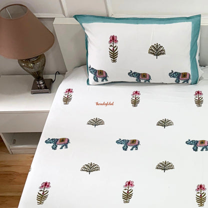 Ramya Hand Block Soft Cotton Bedsheet with 2 Pillow Covers 108*108 inches Gajanan