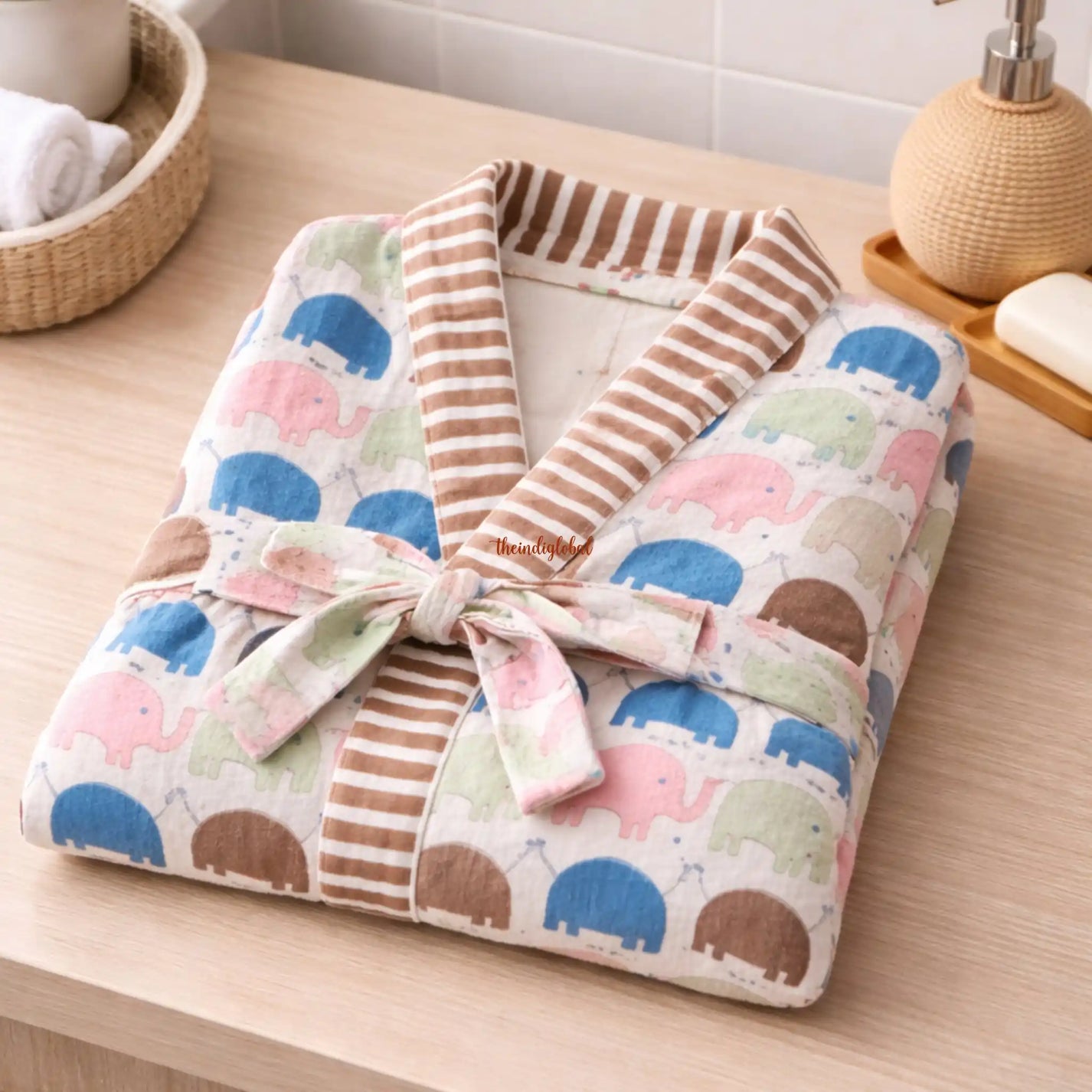 HandBlock Printed Kids Waffle Cotton Bathrobe Elephants 1