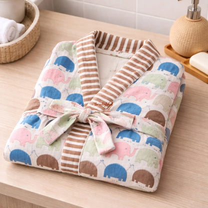 HandBlock Printed Kids Waffle Cotton Bathrobe Elephants 1