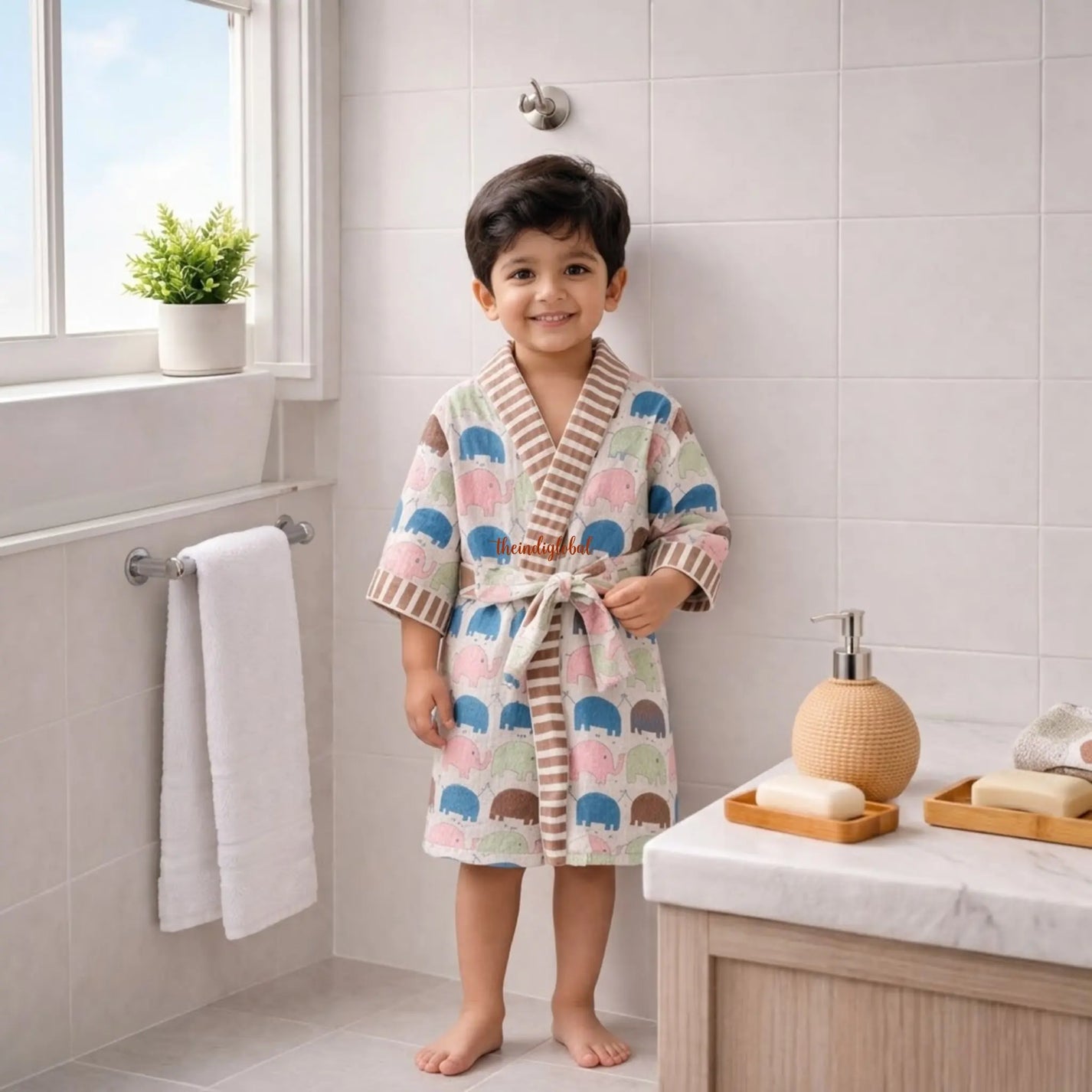 HandBlock Printed Kids Waffle Cotton Bathrobe Elephants 2