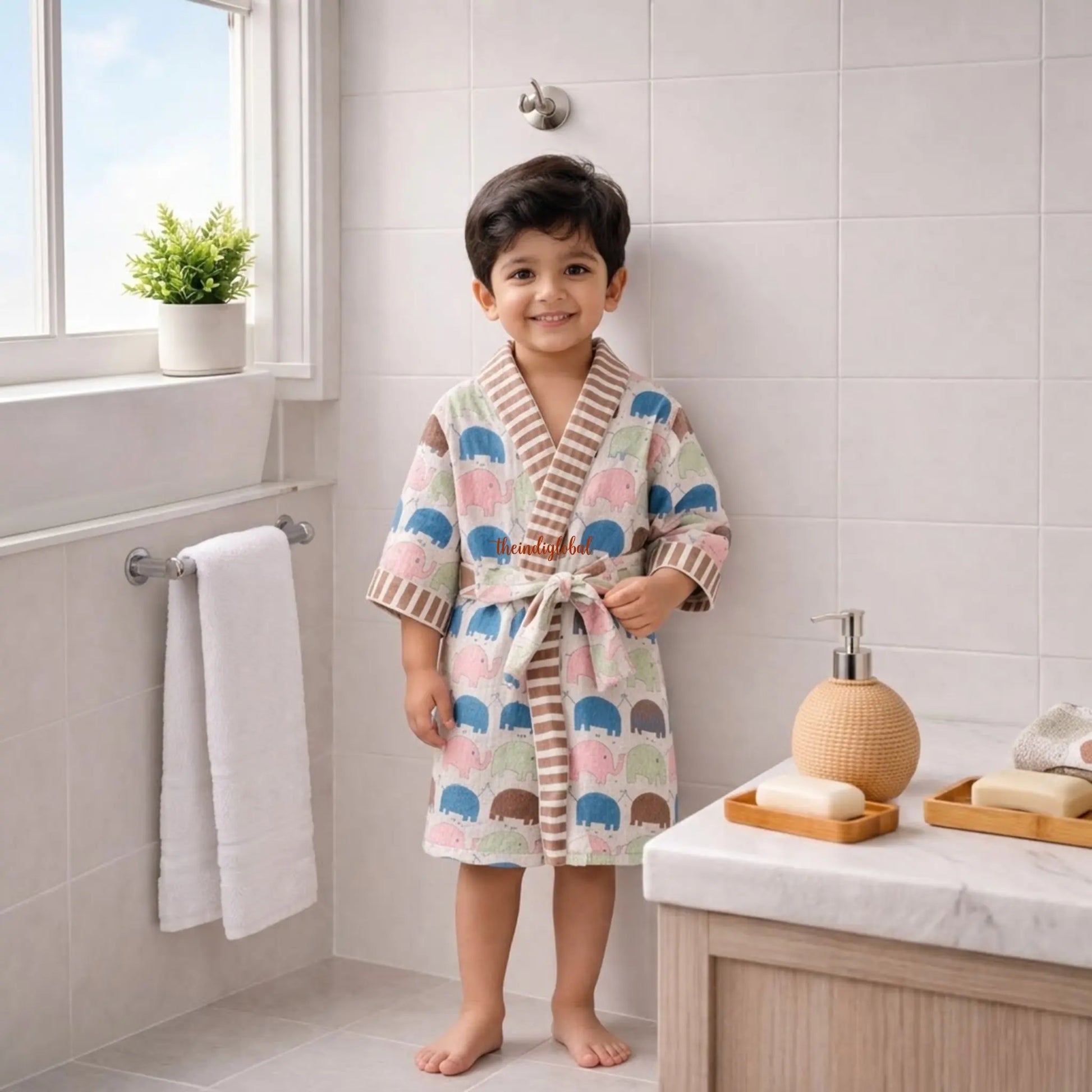 HandBlock Printed Kids Waffle Cotton Bathrobe Elephants 2