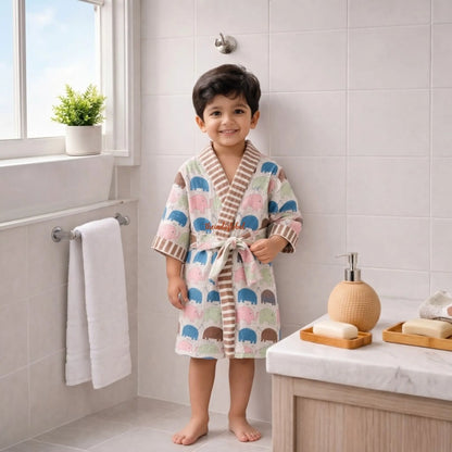 HandBlock Printed Kids Waffle Cotton Bathrobe Elephants 2