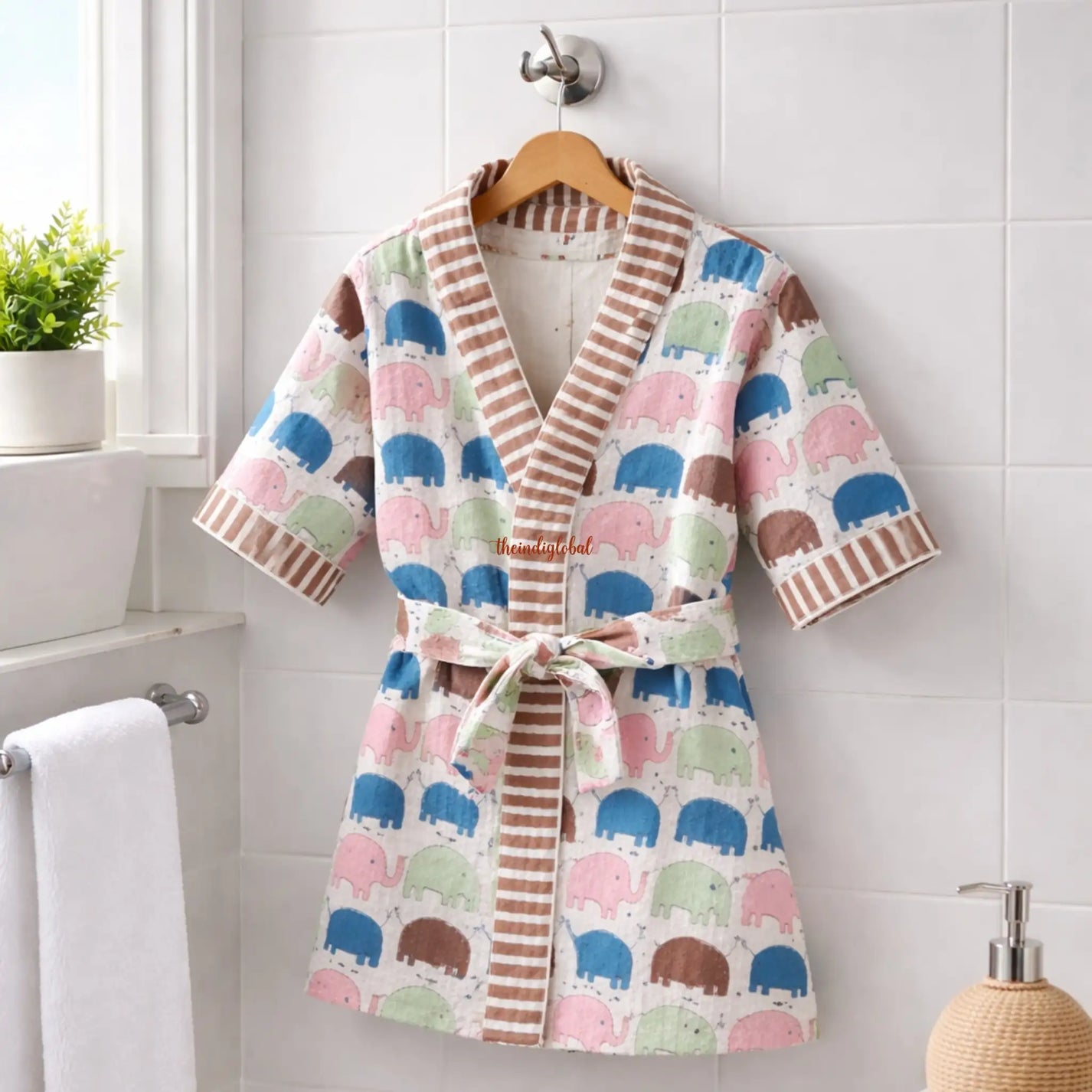 HandBlock Printed Kids Waffle Cotton Bathrobe Elephants