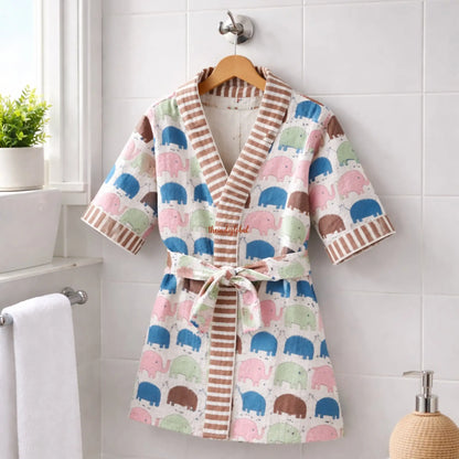 HandBlock Printed Kids Waffle Cotton Bathrobe Elephants