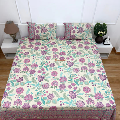 Homi Cotton Bedsheet for Super King Size Bed With Two Reversible Pillow Covers Purple