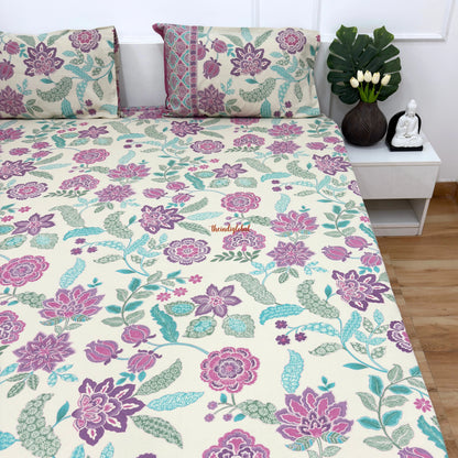 Homi Cotton Bedsheet for Super King Size Bed With Two Reversible Pillow Covers Purple