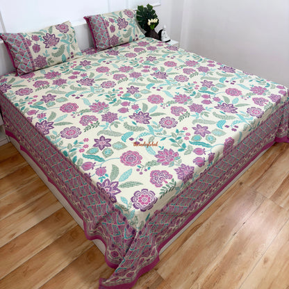 Homi Cotton Bedsheet for Super King Size Bed With Two Reversible Pillow Covers Purple
