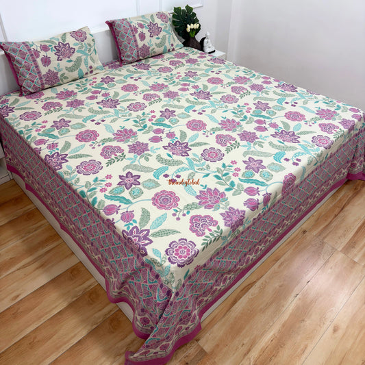 Homi Cotton Bedsheet for Super King Size Bed With Two Reversible Pillow Covers Purple