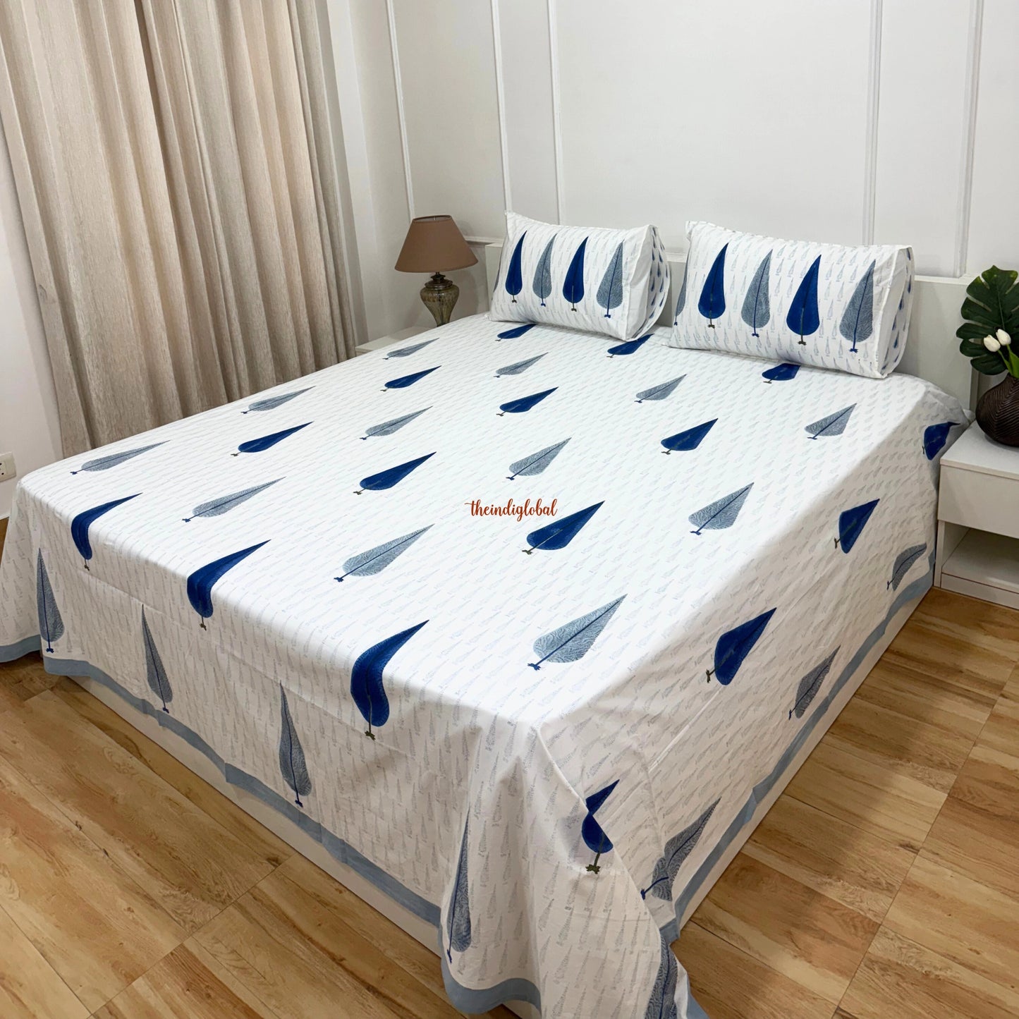 Ramya Hand Block Soft Cotton Bedsheet Blue Pankhudi