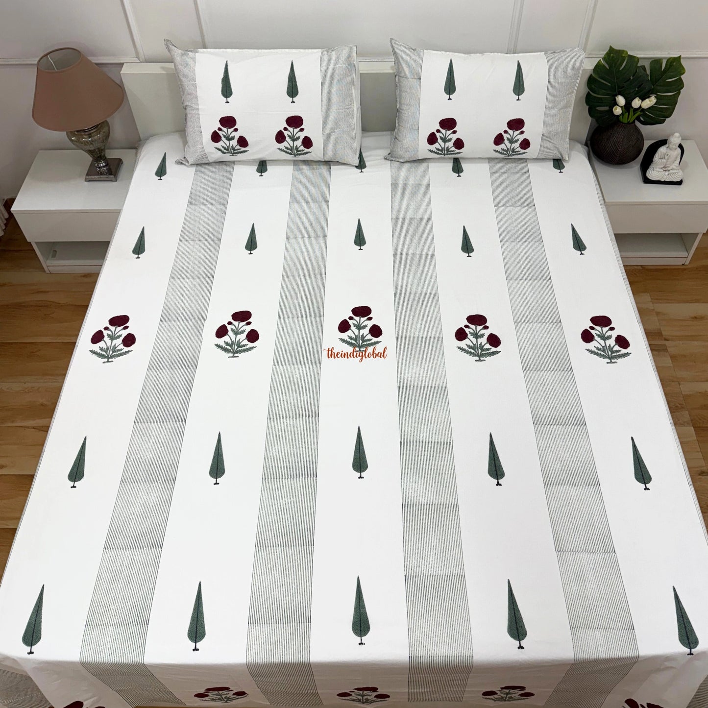 Ramya Hand Block Soft Cotton Bedsheet with 2 Pillow Covers 108*108 inches Gulab