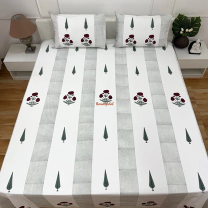 Ramya Hand Block Soft Cotton Bedsheet with 2 Pillow Covers 108*108 inches Gulab