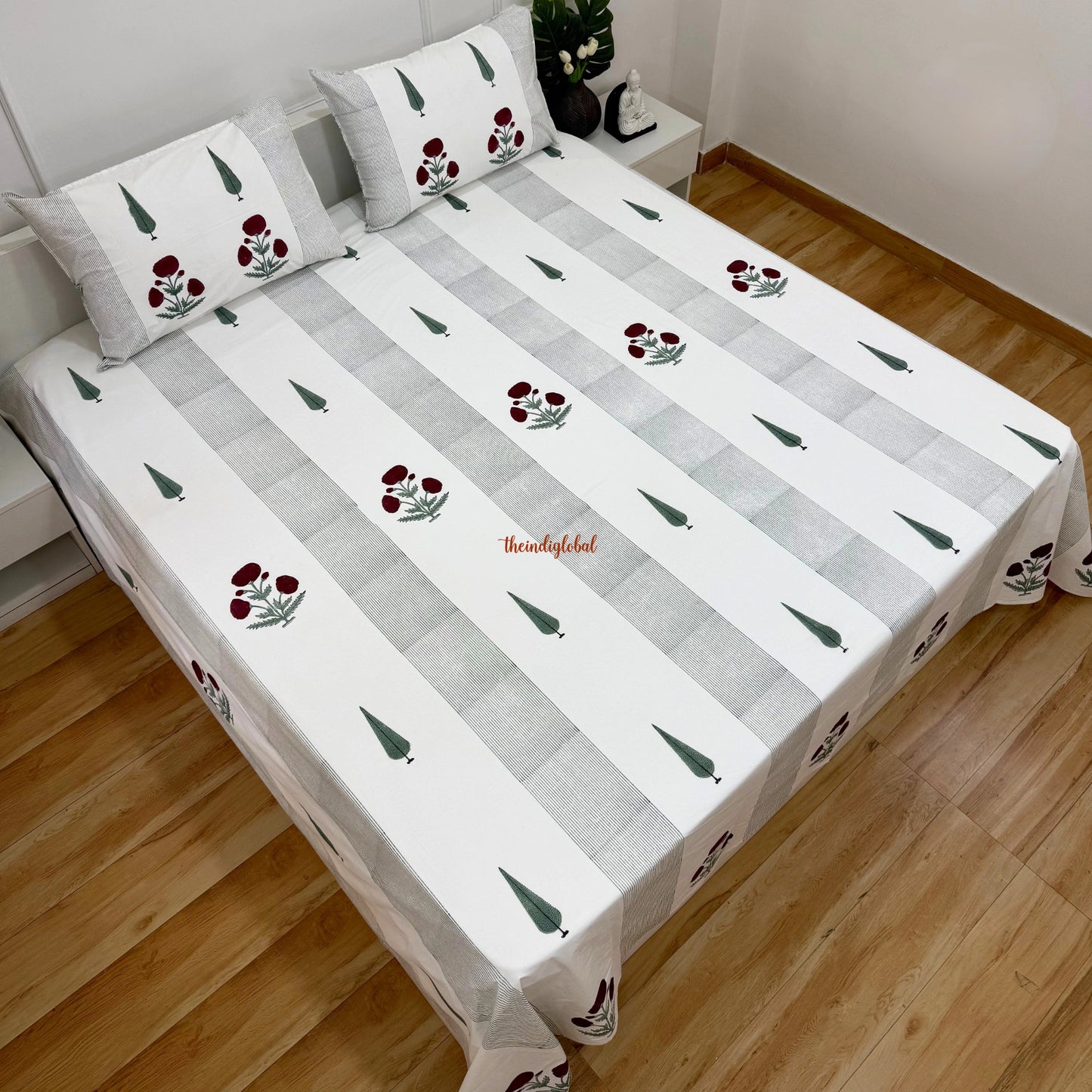 Ramya Hand Block Soft Cotton Bedsheet with 2 Pillow Covers 108*108 inches Gulab