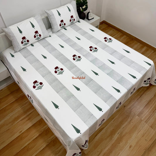 Ramya Hand Block Soft Cotton Bedsheet with 2 Pillow Covers 108*108 inches Gulab