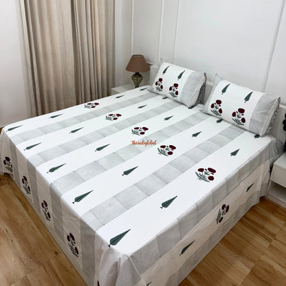 Ramya Hand Block Soft Cotton Bedsheet with 2 Pillow Covers 108*108 inches Gulab