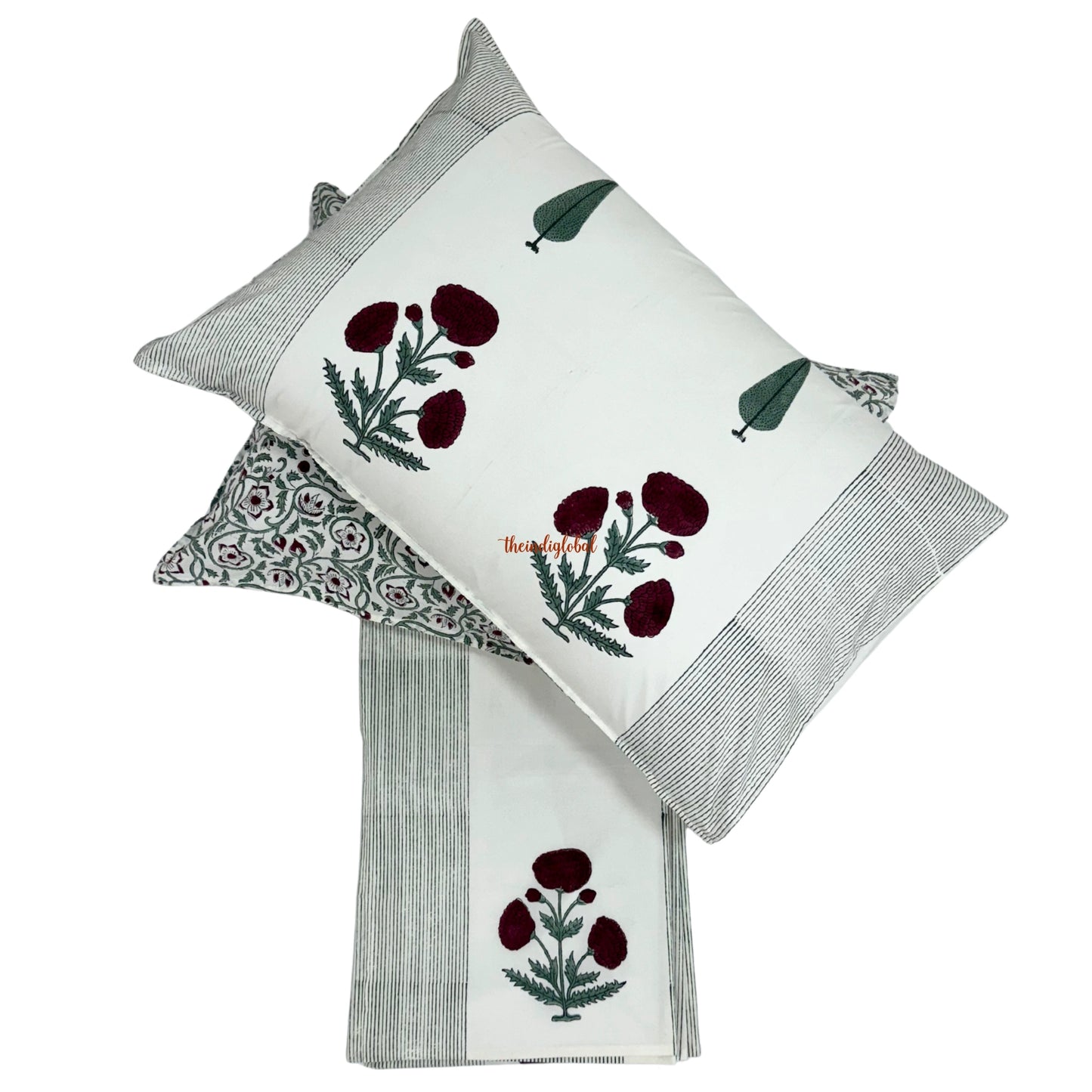 Ramya Hand Block Soft Cotton Bedsheet with 2 Pillow Covers 108*108 inches Gulab