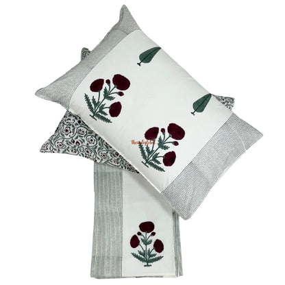 Ramya Hand Block Soft Cotton Bedsheet with 2 Pillow Covers 108*108 inches Gulab