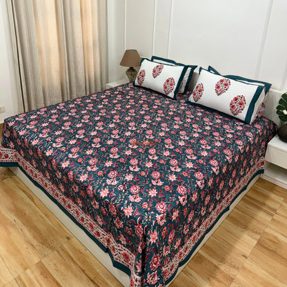 Ramya Hand Block Soft Cotton Bedsheet with 2 Pillow Covers Blue