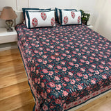 Ramya Hand Block Soft Cotton Bedsheet with 2 Pillow Covers Floral Blue