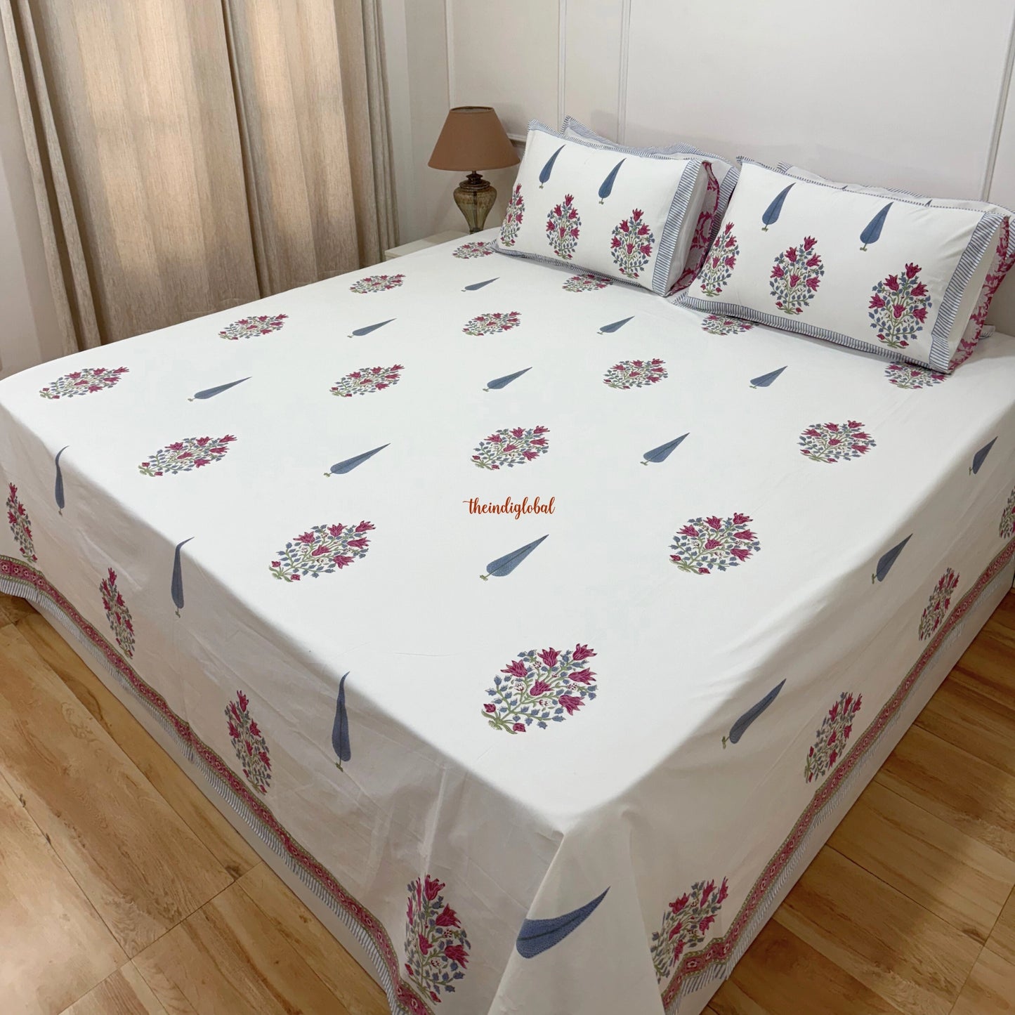 Ramya Hand Block Soft Cotton Bedsheet with 2 Pillow Covers 108*108 inches Pink