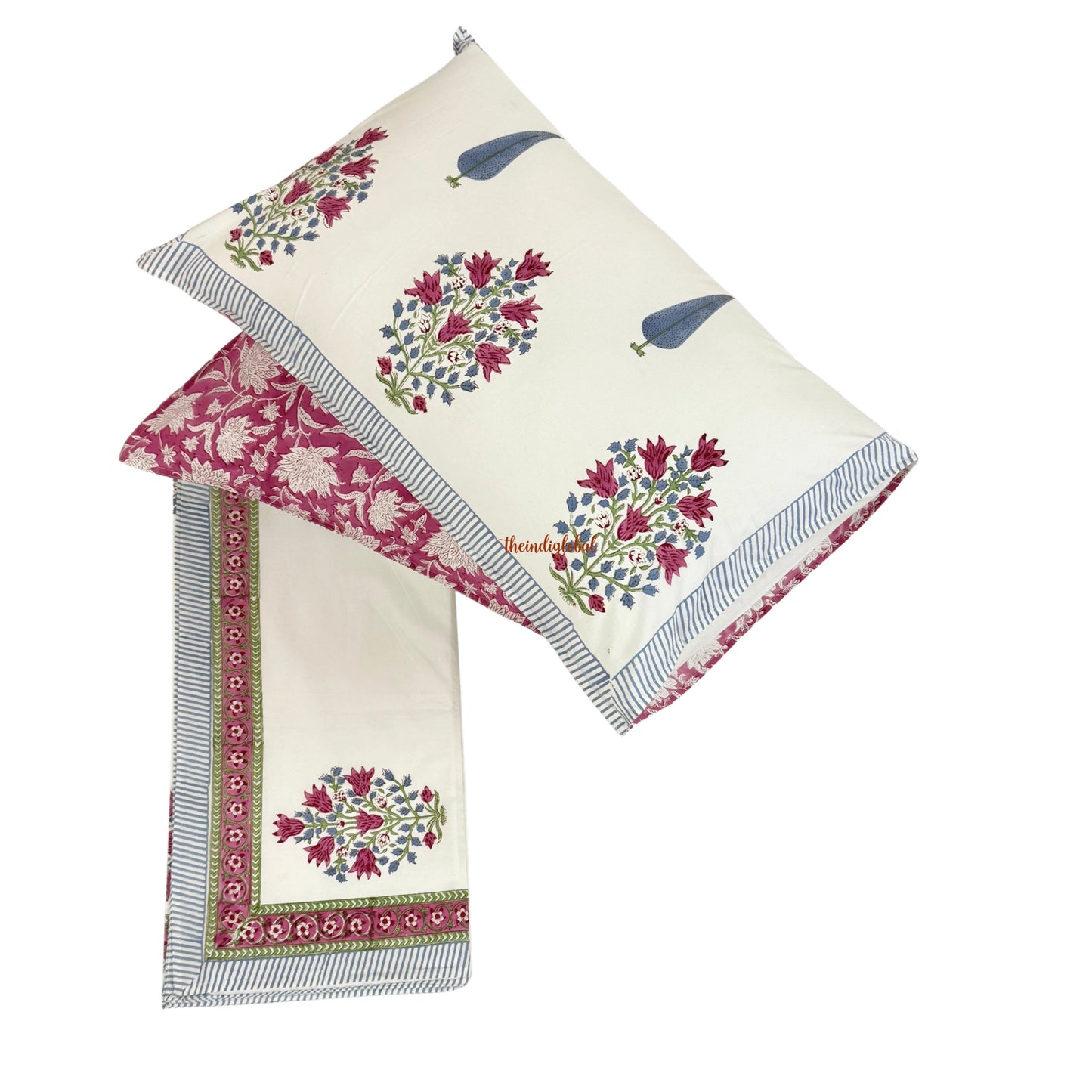 Ramya Hand Block Soft Cotton Bedsheet with 2 Pillow Covers 108*108 inches Pink