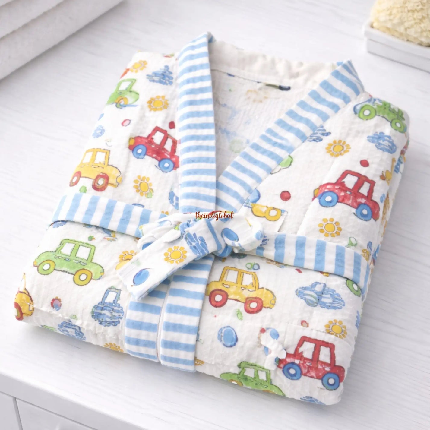 Handblock Printed Kids Waffle Cotton Bathrobe Cars 1