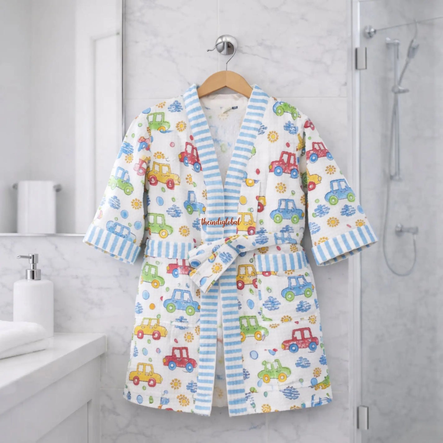 Handblock Printed Kids Waffle Cotton Bathrobe Cars-2