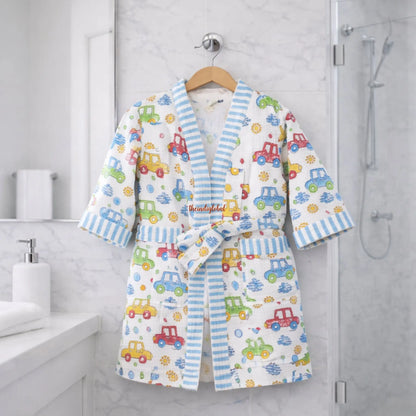 Handblock Printed Kids Waffle Cotton Bathrobe Cars-2