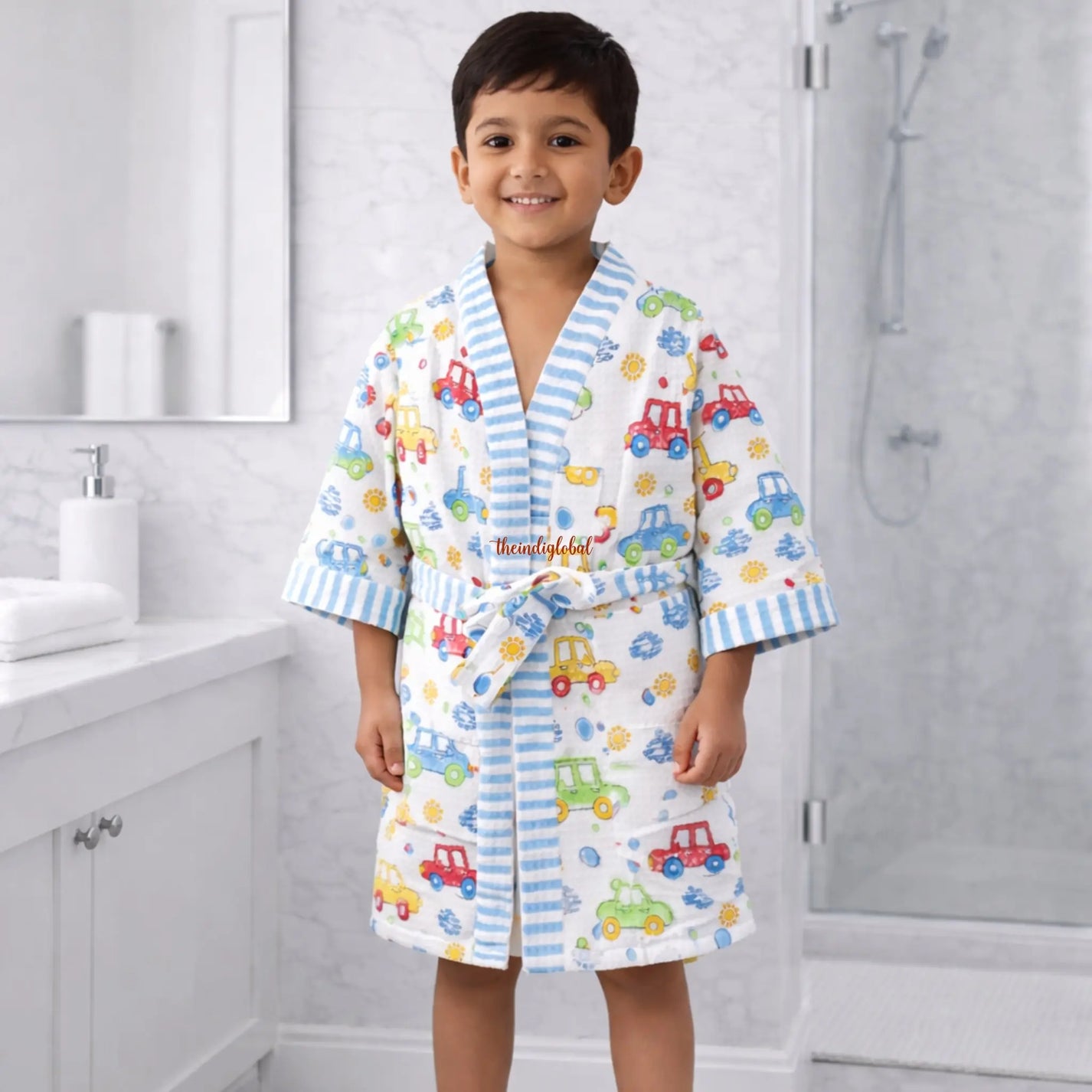 Handblock Printed Kids Waffle Cotton Bathrobe Cars