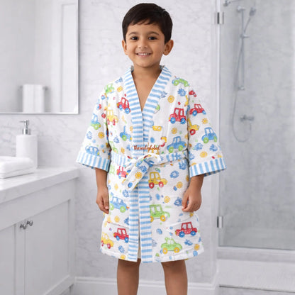 Handblock Printed Kids Waffle Cotton Bathrobe Cars
