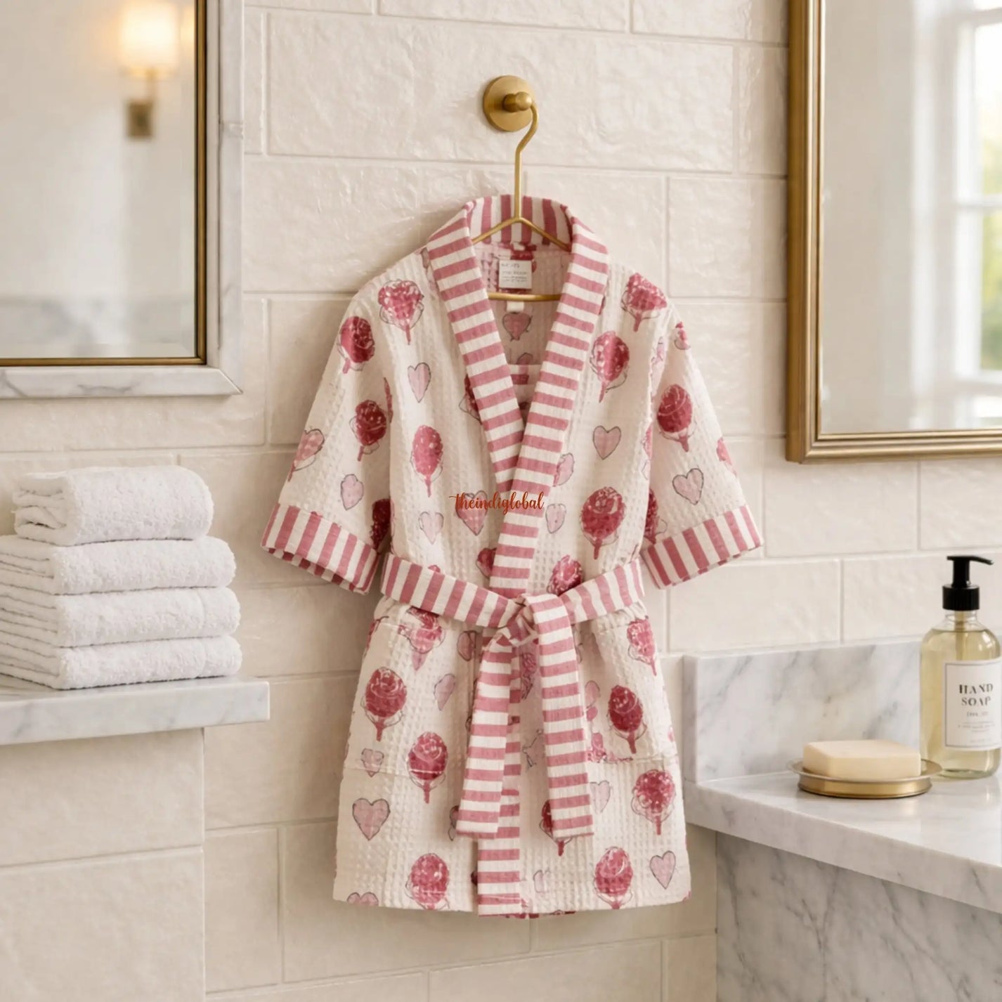 Handblock Printed Kids Waffle Cotton Bathrobe Hearts 1