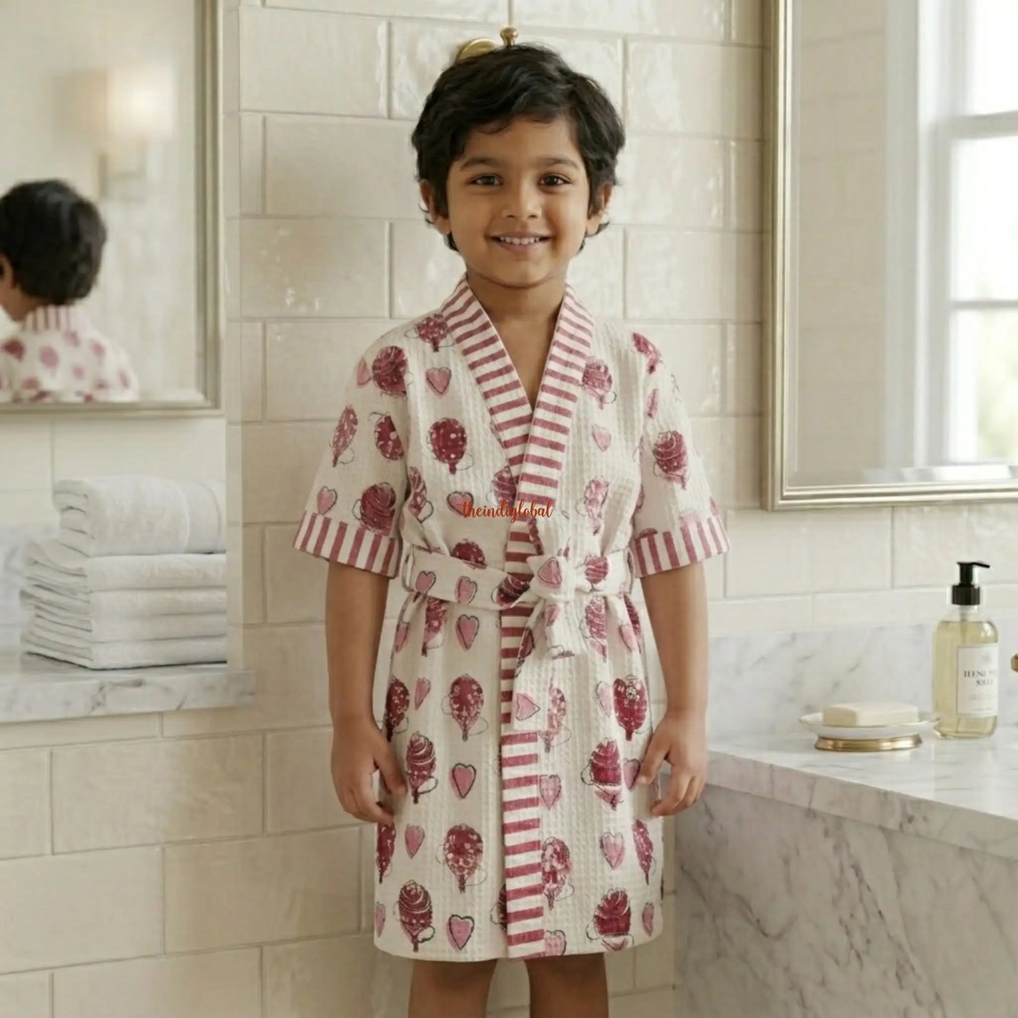 Handblock Printed Kids Waffle Cotton Bathrobe Hearts