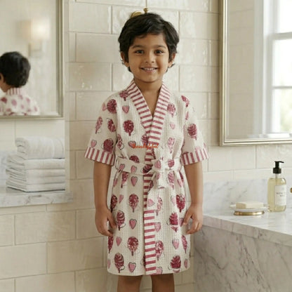 Handblock Printed Kids Waffle Cotton Bathrobe Hearts