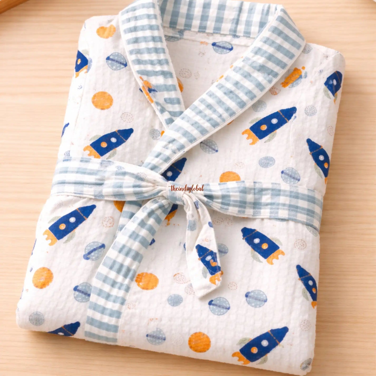Handblock Printed Kids Waffle Cotton Bathrobe Space 