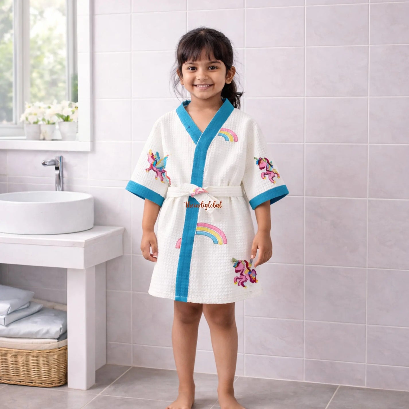 Handblock Printed Kids Waffle Cotton Bathrobe Unicorn 1