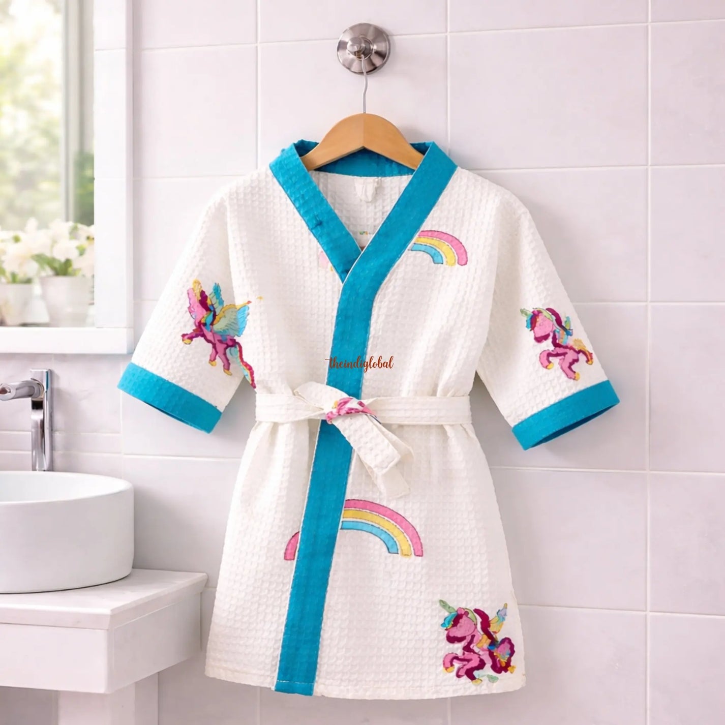 Handblock Printed Kids Waffle Cotton Bathrobe Unicorn 2