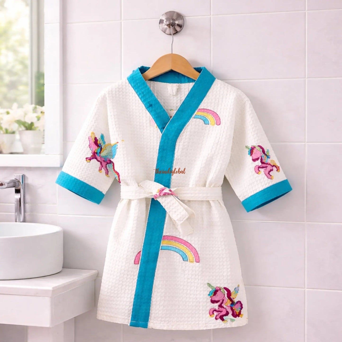 Handblock Printed Kids Waffle Cotton Bathrobe Unicorn 2