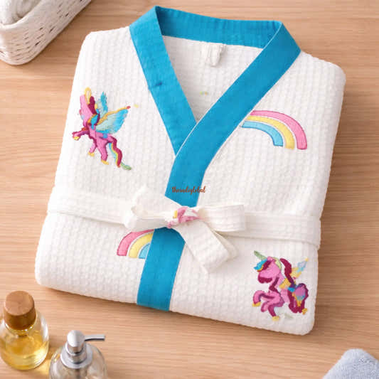 Handblock Printed Kids Waffle Cotton Bathrobe Unicorn 