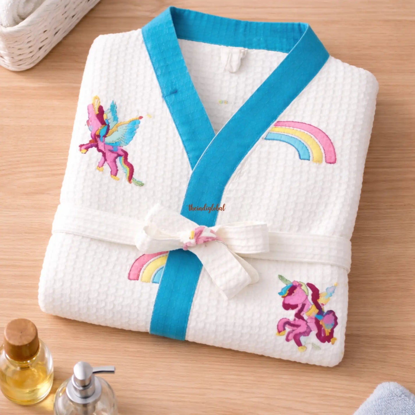 Handblock Printed Kids Waffle Cotton Bathrobe Unicorn 