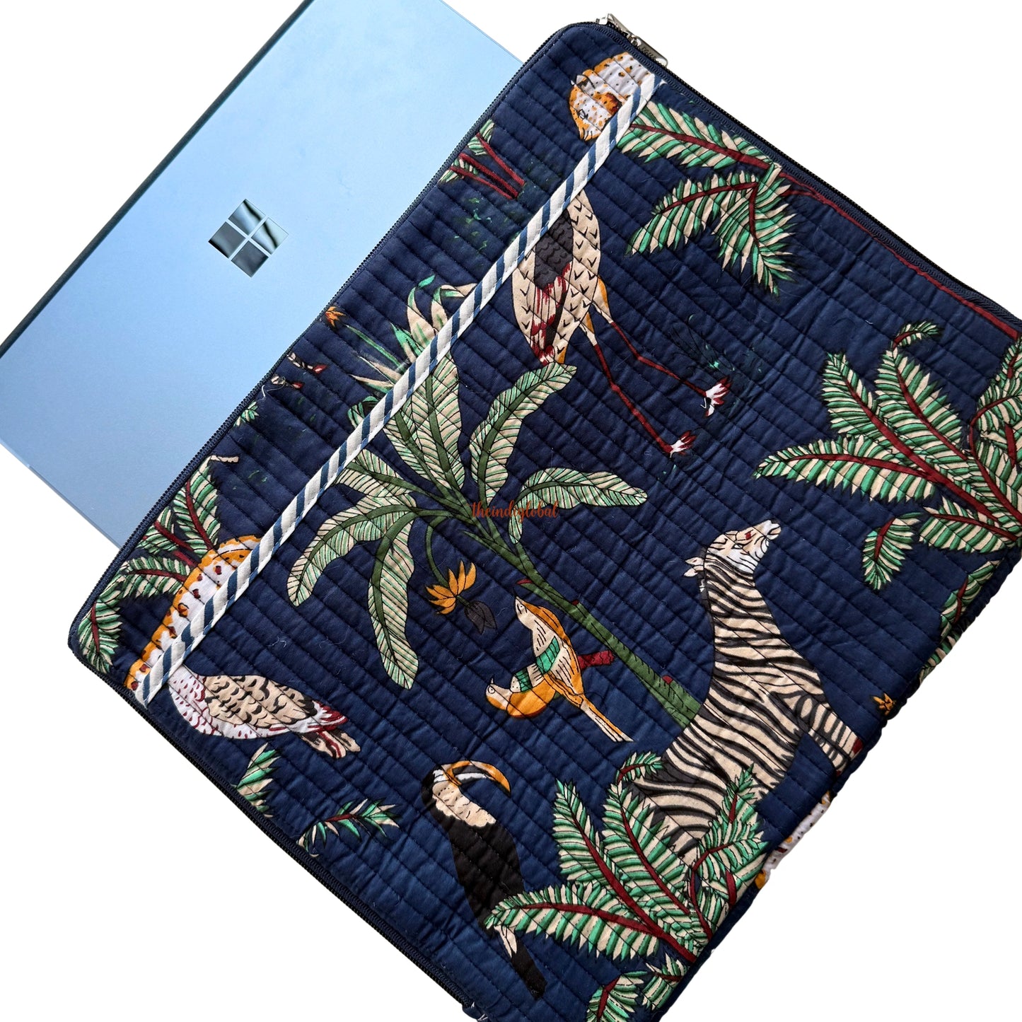 Hand block Quilted Cotton Laptop Sleeve 14 Inch Blue