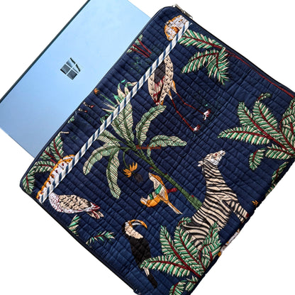 Hand block Quilted Cotton Laptop Sleeve 14 Inch Blue