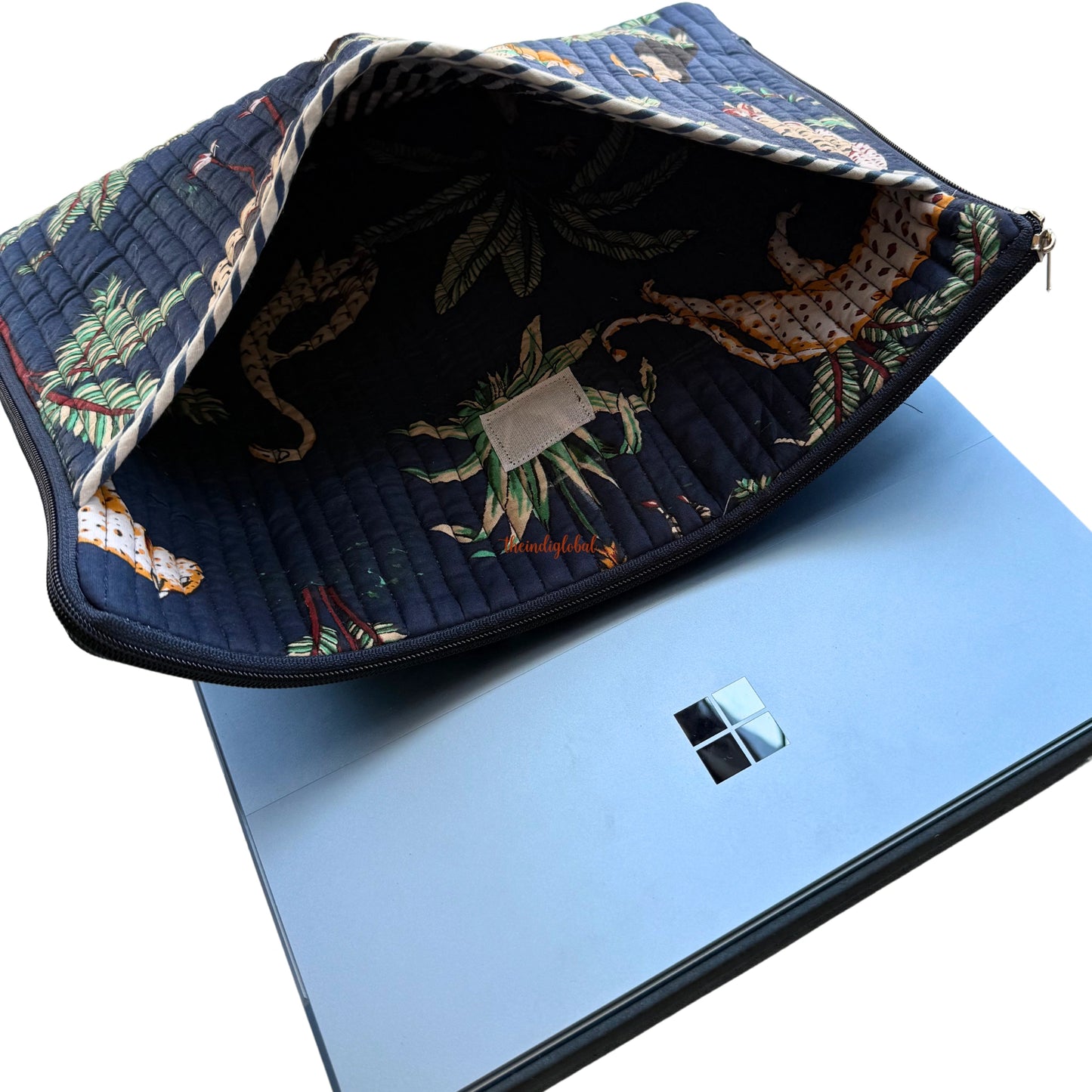 Hand block Quilted Cotton Laptop Sleeve 14 Inch Blue
