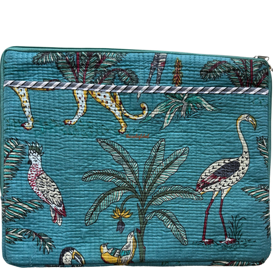 Handblock Quilted Cotton Laptop Sleeve Teal Blue 4