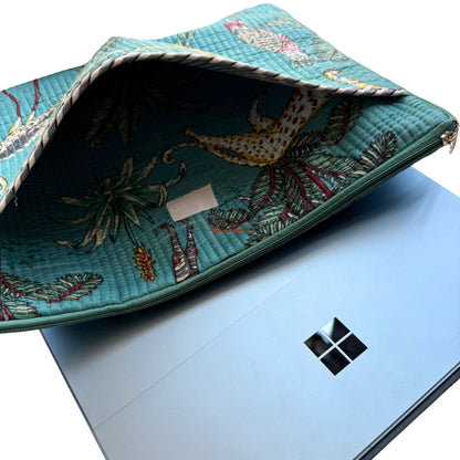 Hand block Quilted Cotton Laptop Sleeve 14 Inch Teal Blue