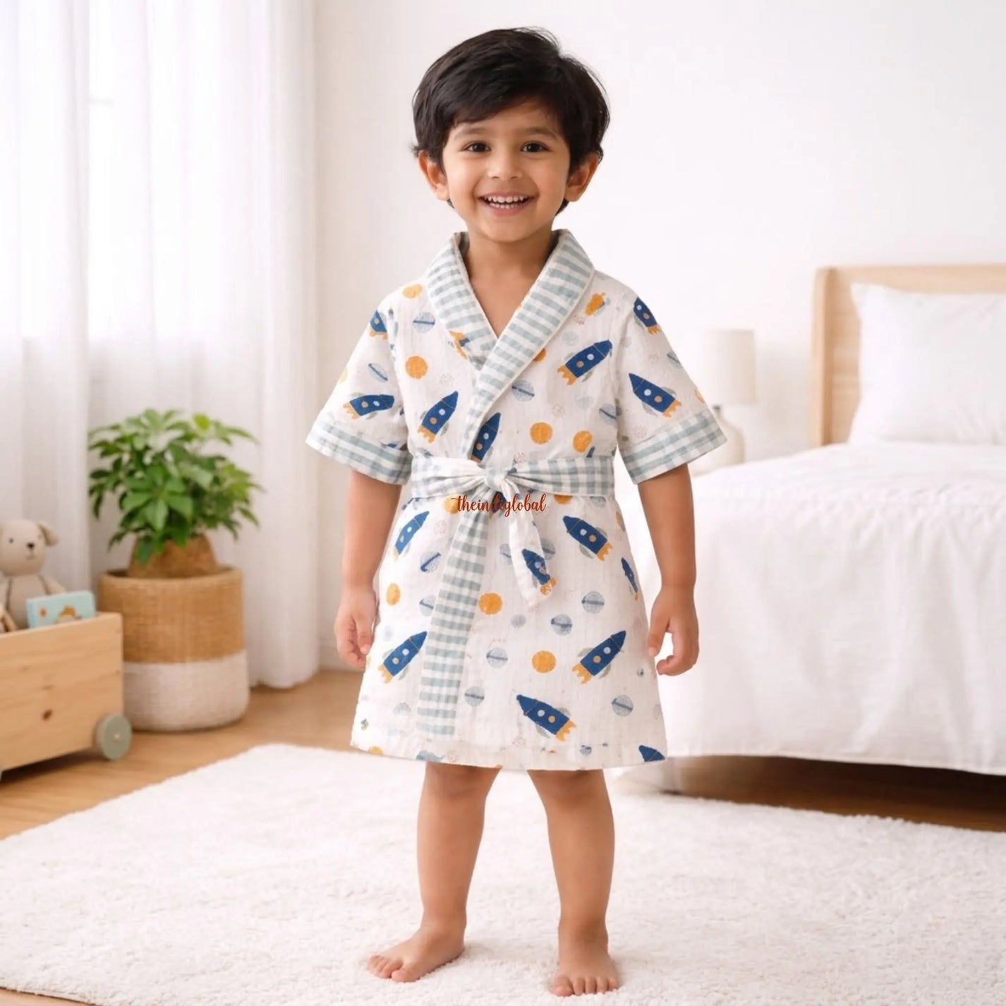 Handblock Printed Kids Waffle Cotton Bathrobe Space 1
