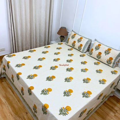 Ramya Hand Block Soft Cotton Bedsheet with 2 Pillow Covers Marigold Orange