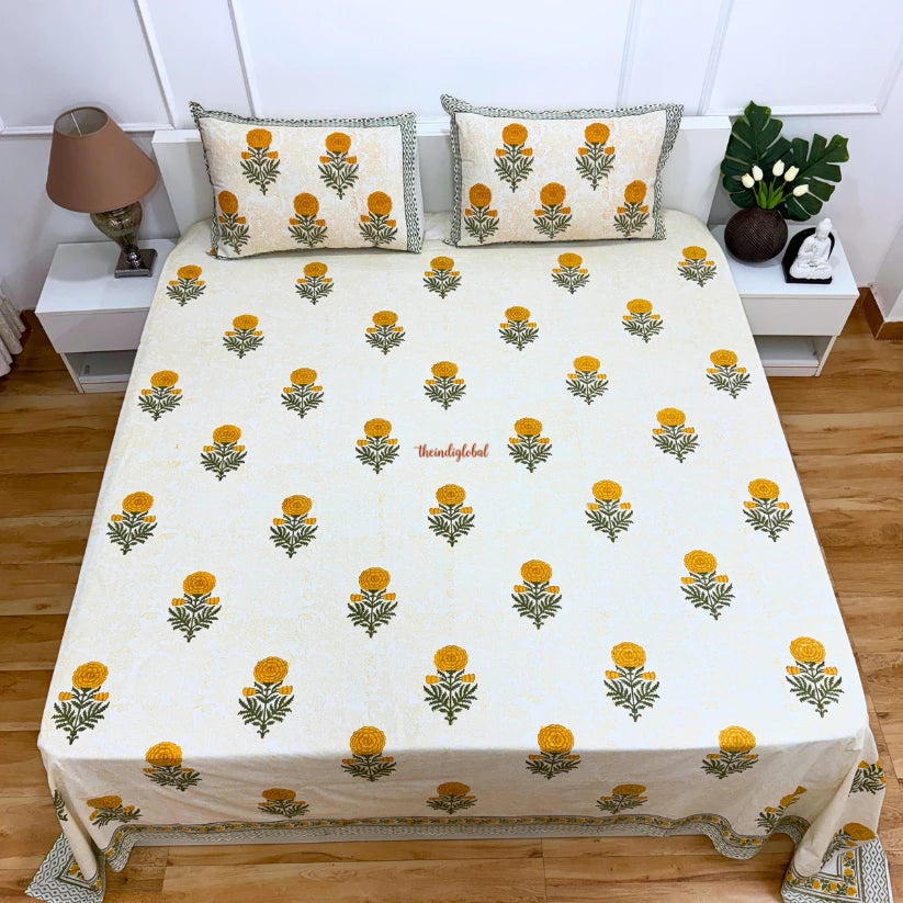 Ramya Hand Block Soft Cotton Bedsheet with 2 Pillow Covers Marigold Orange