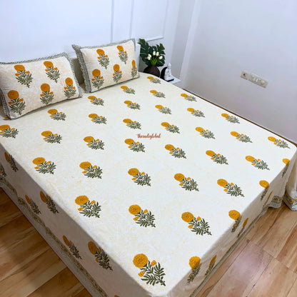 Ramya Hand Block Soft Cotton Bedsheet with 2 Pillow Covers Marigold Orange
