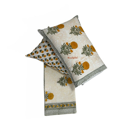 Ramya Hand Block Soft Cotton Bedsheet with 2 Pillow Covers Marigold Orange