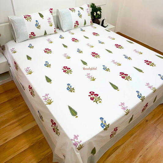Ramya Hand Block Soft Cotton Bedsheet with 2 Pillow Covers 108*108 inches White